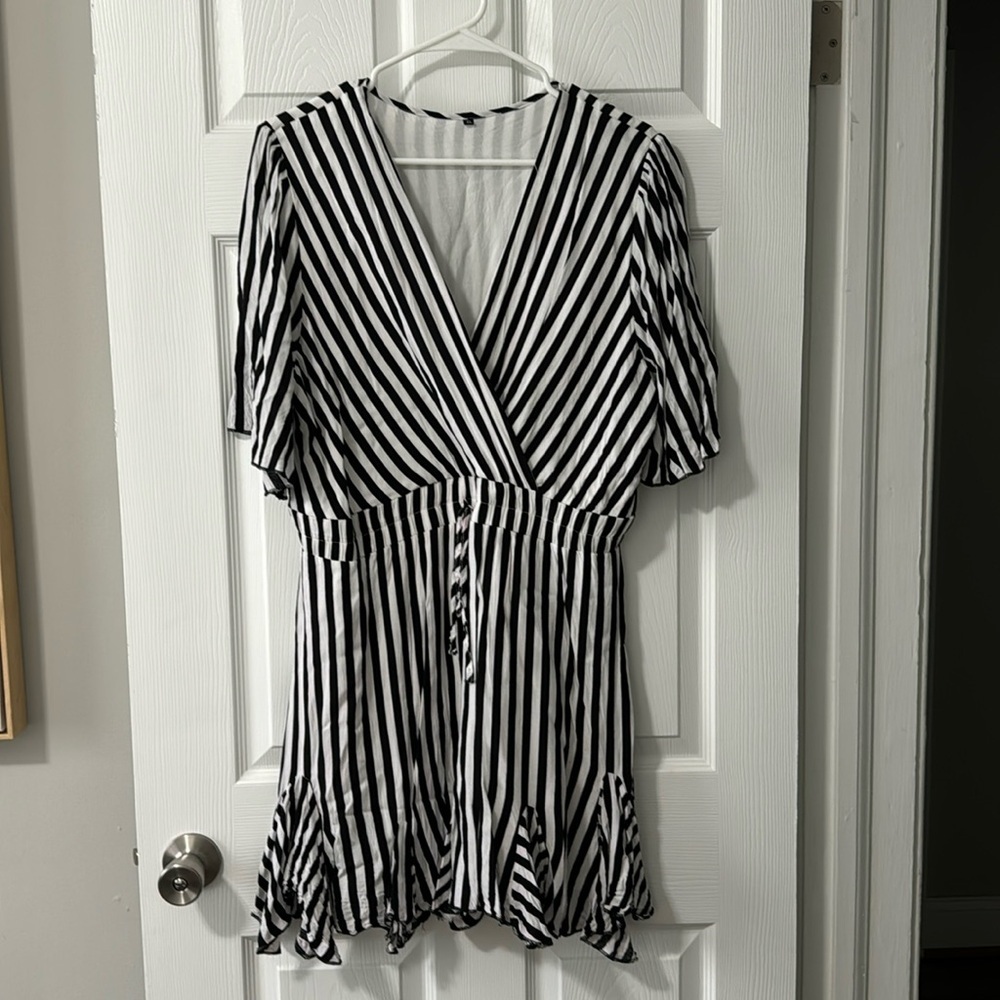 Black & White Striped V-Neck Women's Dress